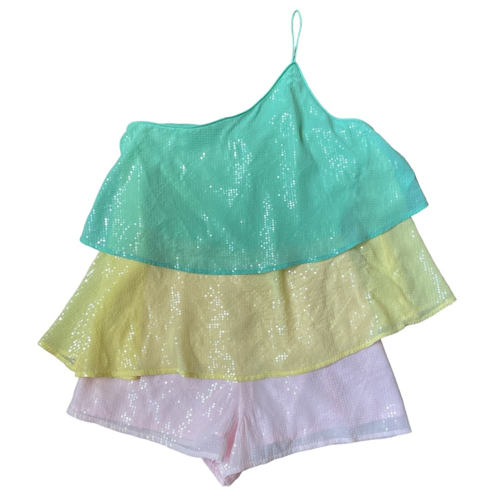 Lovers + Friends Sequin Tiered One Shoulder Romper, Size S